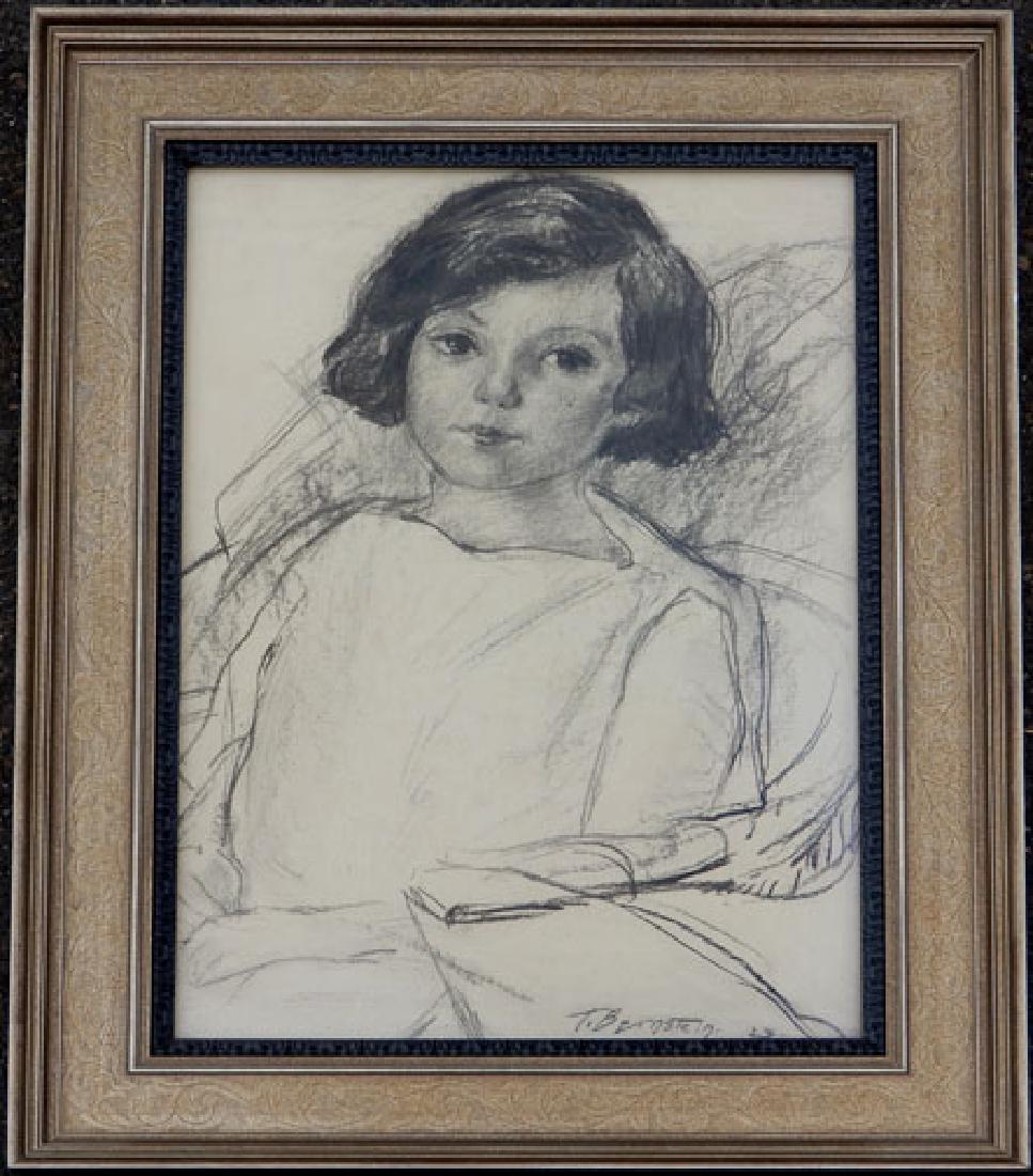 Theresa Ferber Bernstein charcoal on paper: Theresa Ferber Bernstein charcoal on paper, "Portrait of a Little Girl", signed lower right, with Gratz Gallery 2004 receipt, sight size 21" x 14", frame size 27 1/4" x 20 1/2"