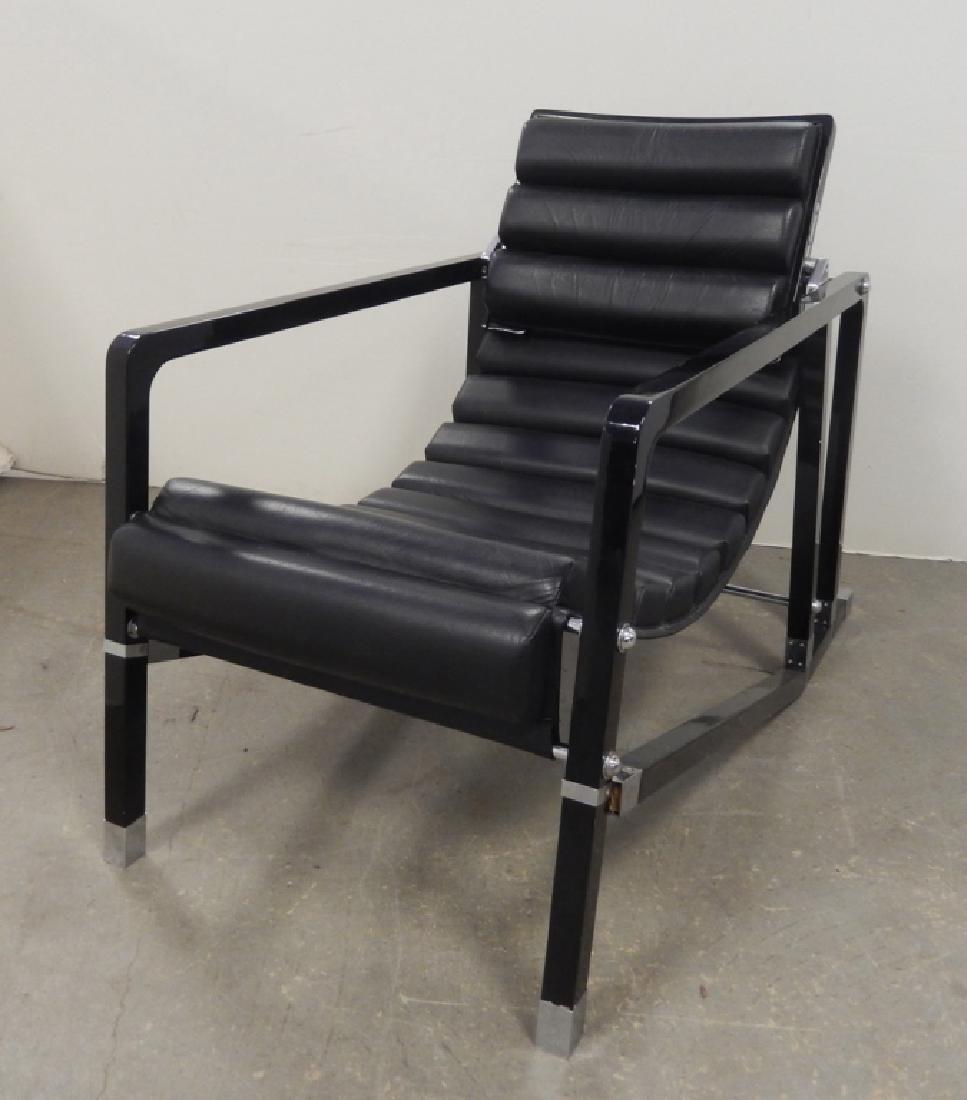 Eileen Gray black lacquer Transat chair: Eileen Gray, (1878-1976), a black lacquer Transat chair, nickel plated metal fittings, channeled black leather upholstery, unsigned, circa 1975, 30" x 22" x 43"