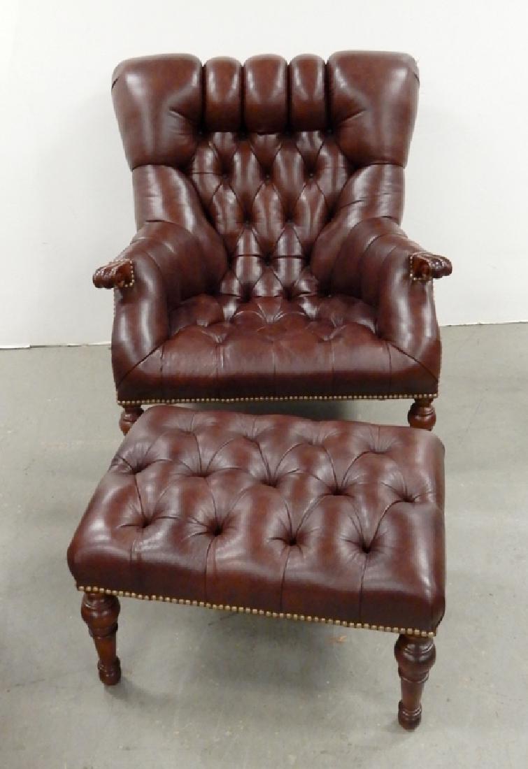 Stickley upholstered armchair with ottoman: Stickley upholstered armchair with footstool, brass tack trim, chair 36 1/2" x 35" x 40", footstool 15" x 24" x 18 1/2"