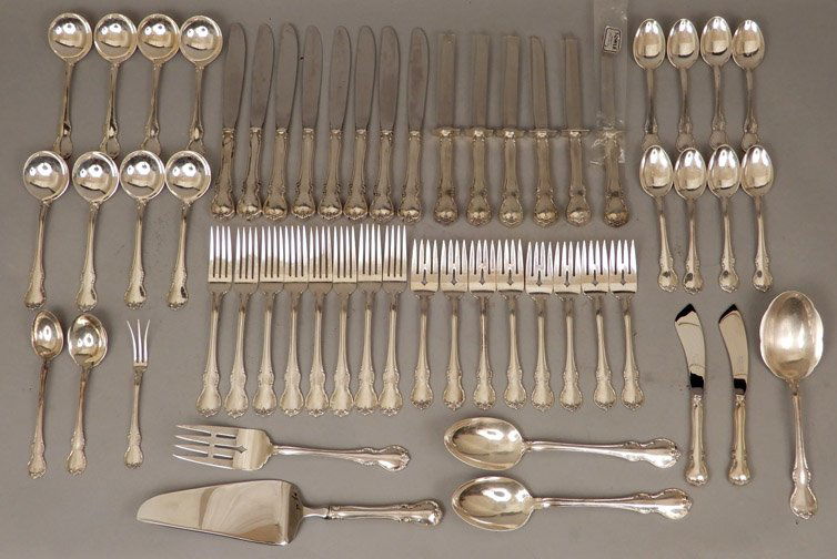 Towle Sterling silver French Provincial flatware set: Towle Sterling silver French Provincial flatware set, 56 pieces total, no monograms, all marked on bottom, service for eight, includes hollow handled knives, 8 3/4", forks, 7 1/8", salad forks, 6 3/8"