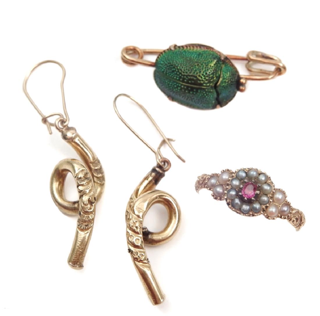 Victorian gold jewelry grouping: Victorian gold jewelry grouping, includes 14k gold ring with garnet and seed pearls, 5/16" wide at center, size 6, unmarked, tests 14k; genuine beetle scarab pin, 1 1/4" long, engraved Mary on back, u