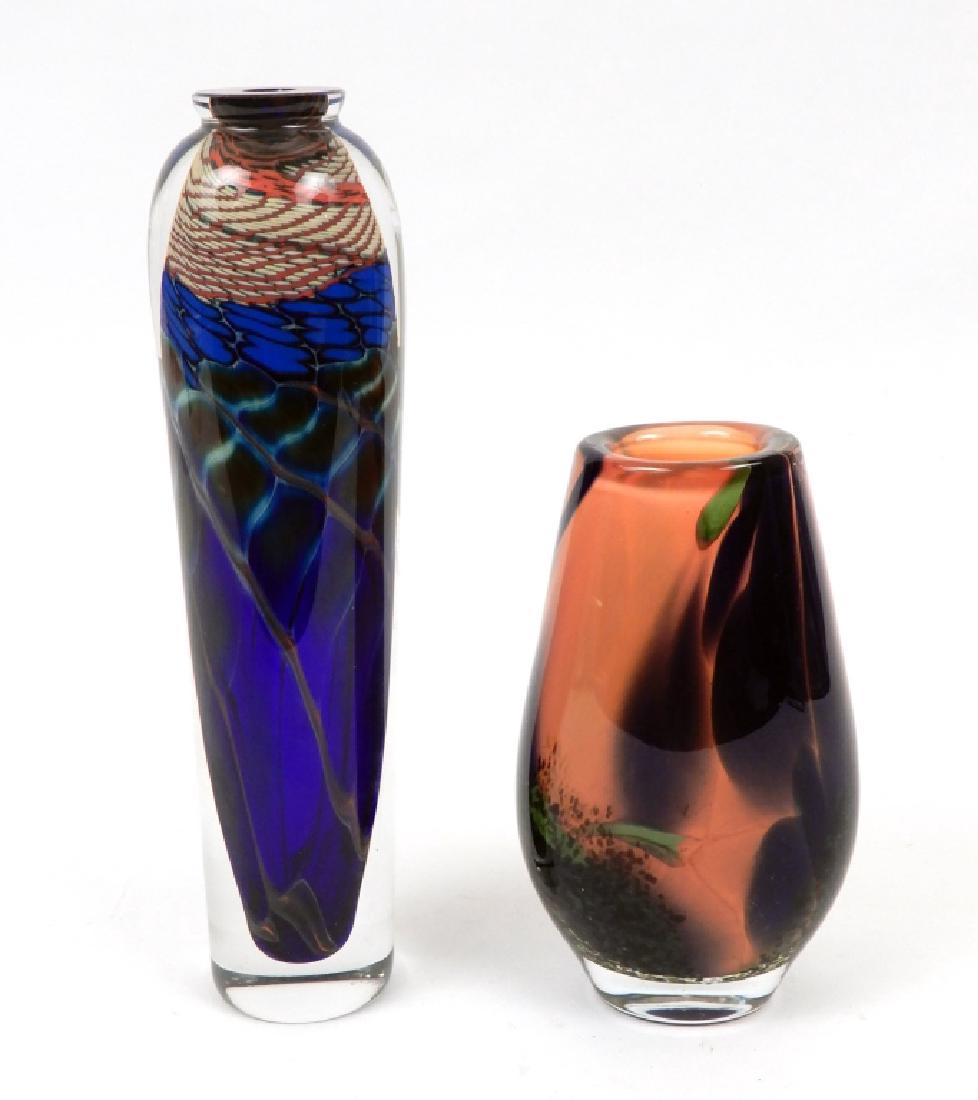 Two art glass vases: Two art glass vases, includes Steven Main tall vase, signed on bottom Steven Main 1993, 10 1/2" high, and Randsfjord Glass vase, label on bottom Made in Norway Hand blown, ground pontil, 6 7/8" high