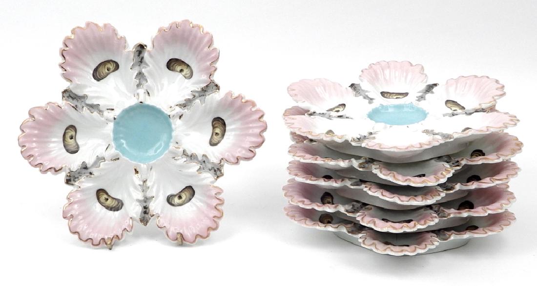 Set of six porcelain hand painted oyster plates: Set of six porcelain hand painted oyster plates, six wells, scalloped rim, hallmarked on bottom BSM, (Brothers Schwalb, Merklin), Czech Republic, 9 1/2" diameter