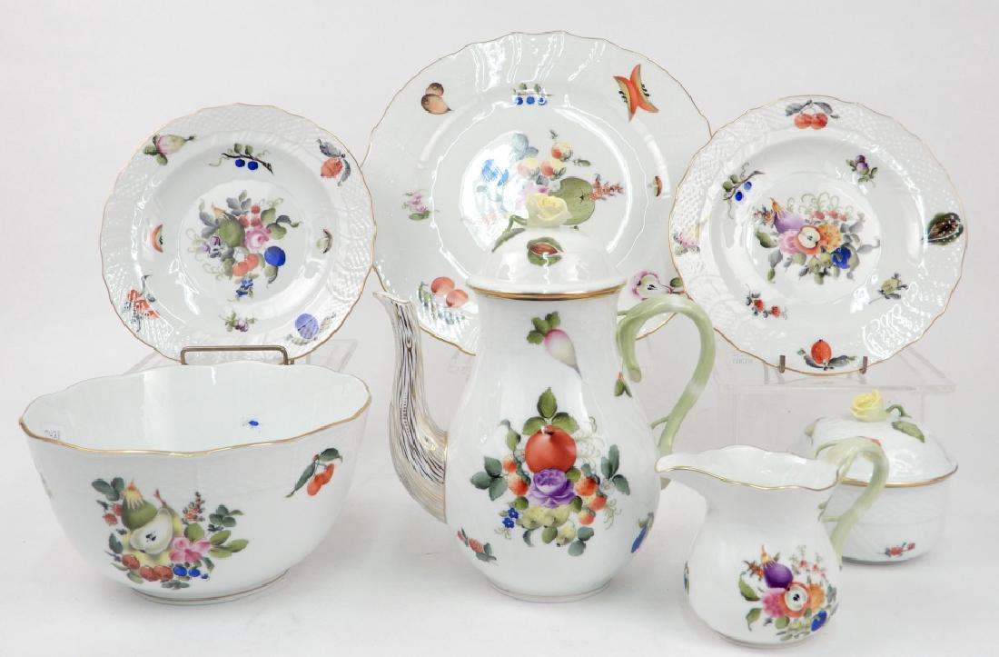 Herend porcelain Fruit and Flowers serving pieces: Herend porcelain Fruit and Flowers serving pieces, seven pieces, includes coffee pot, 8 1/2", creamer, 3 3/4", sugar bowl with lid, 3 3/4", round vegetable bowl, 4" x 7 3/8", dinner plate, 10 1/4", an