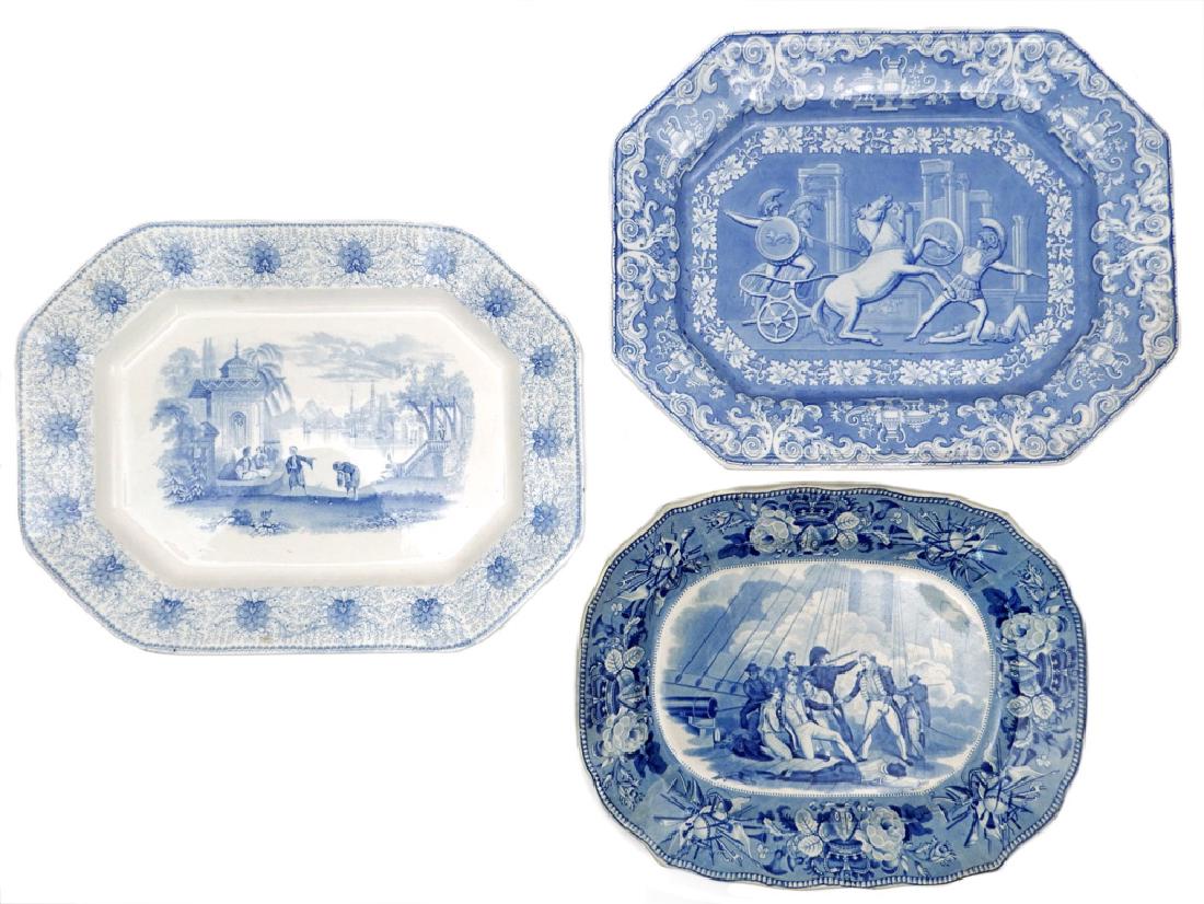 Three Staffordshire blue and white platters: Three Staffordshire blue and white platters, blue and white transferware, includes one by J. (Joseph) Clementson, Classical Antiquities, Diomed casting his spear against Mars, ca. March 13, 1849, meas