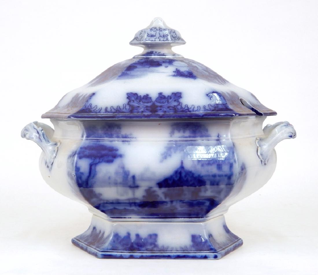 19th C. Kaolin Ware flow blue soup tureen: 19th C. Kaolin Ware flow blue soup tureen, with lid, "Rhine" pattern, hallmarked underside of lid and on bottom, 11" x 13 1/2" x 8 1/2"