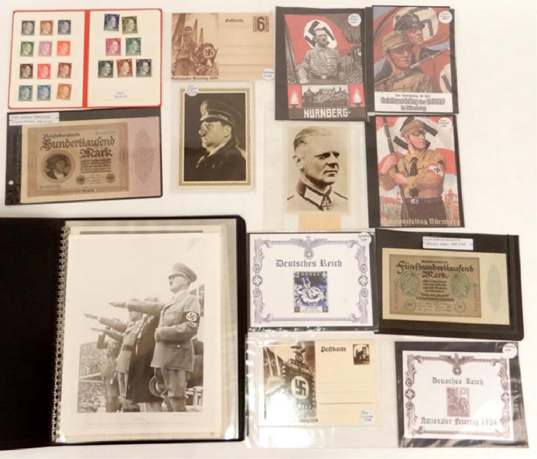 German military photos, stamps, postcards, and more: German military photos, stamps, postcards, and more, includes set of 19 Hitler stamps, propaganda cards (reproductions), postcards, two bank notes, and twenty photographs, post WWII
