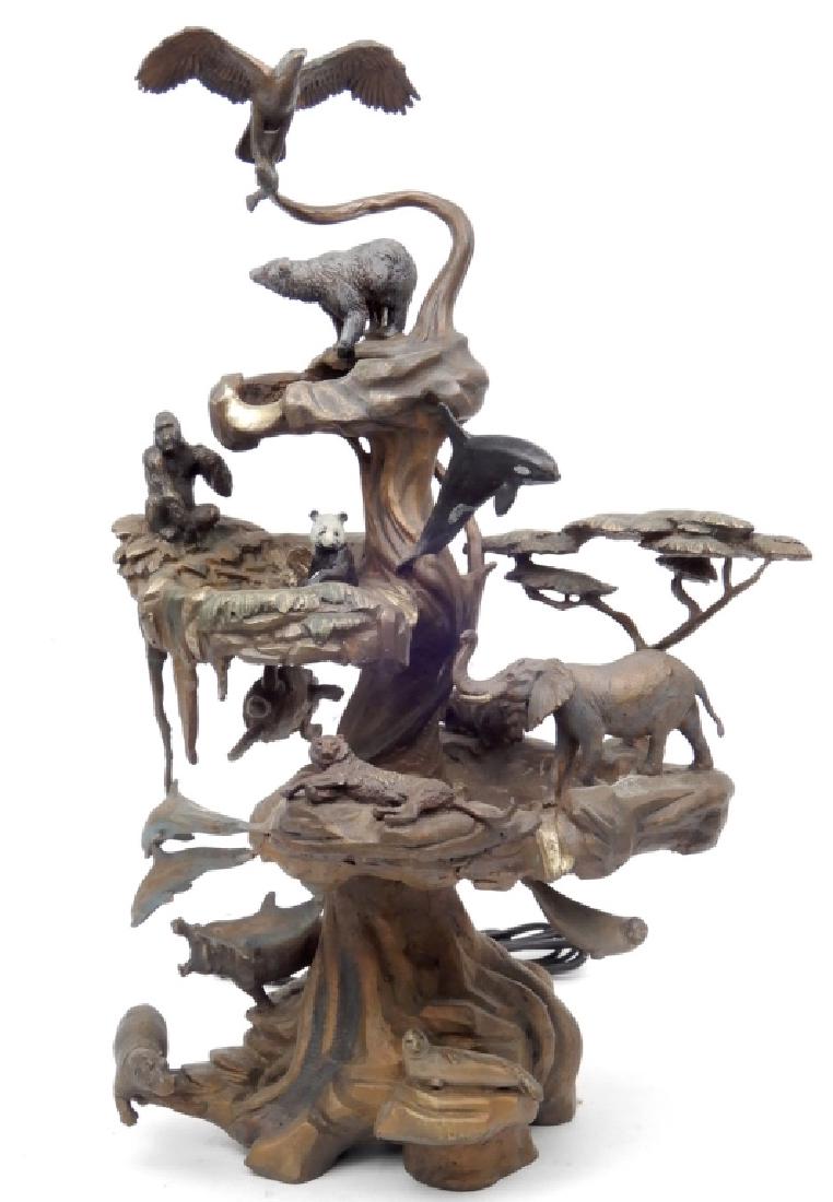 Bronze figural sculpture: Bronze figural sculpture, several animals, includes eagle, bear, gorilla, panda, lion, elephant, tiger, turtle, dolphins, hippos and seals, part of a water fountain (does not have the basin), Franklin
