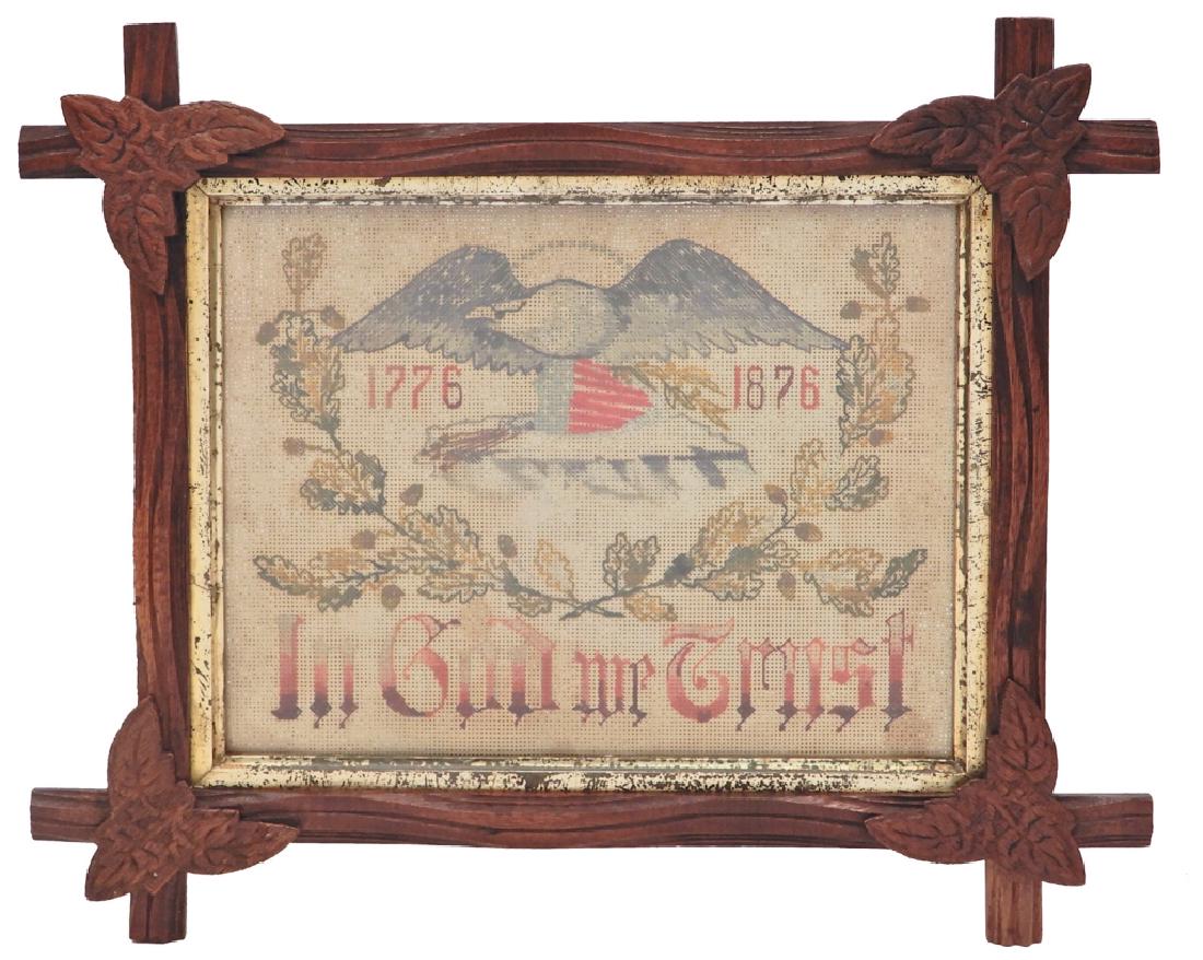 Framed Centennial Sampler: Framed Centennial Sampler, 1776-1876, "In God we Trust", with an eagle and shield, sight size 7 5/8" x 9 1/2", frame size 12 3/4" x 14 3/4"