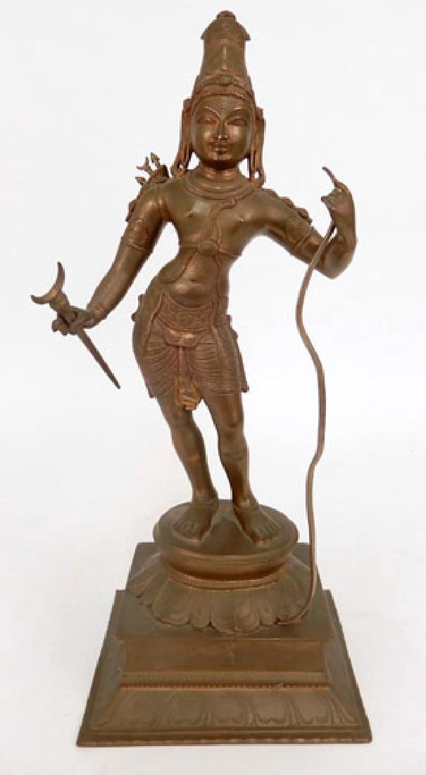 Bronze figural sculpture of Rama: Bronze figural sculpture of Rama, holding bow and arrows, standing on lotus base, 15" x 6 1/4" x 5 3/8"