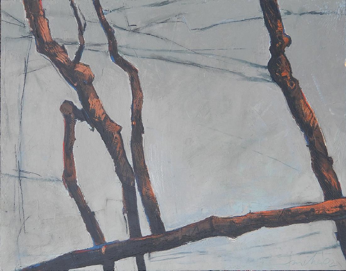 John Fincher oil on panel: John Fincher oil on panel "Limb #2", signed lower right and dated '02, sight size 15 3/4" x 20", not framed, Lewallen Contemporary label and Gerald Peters Gallery label on verso