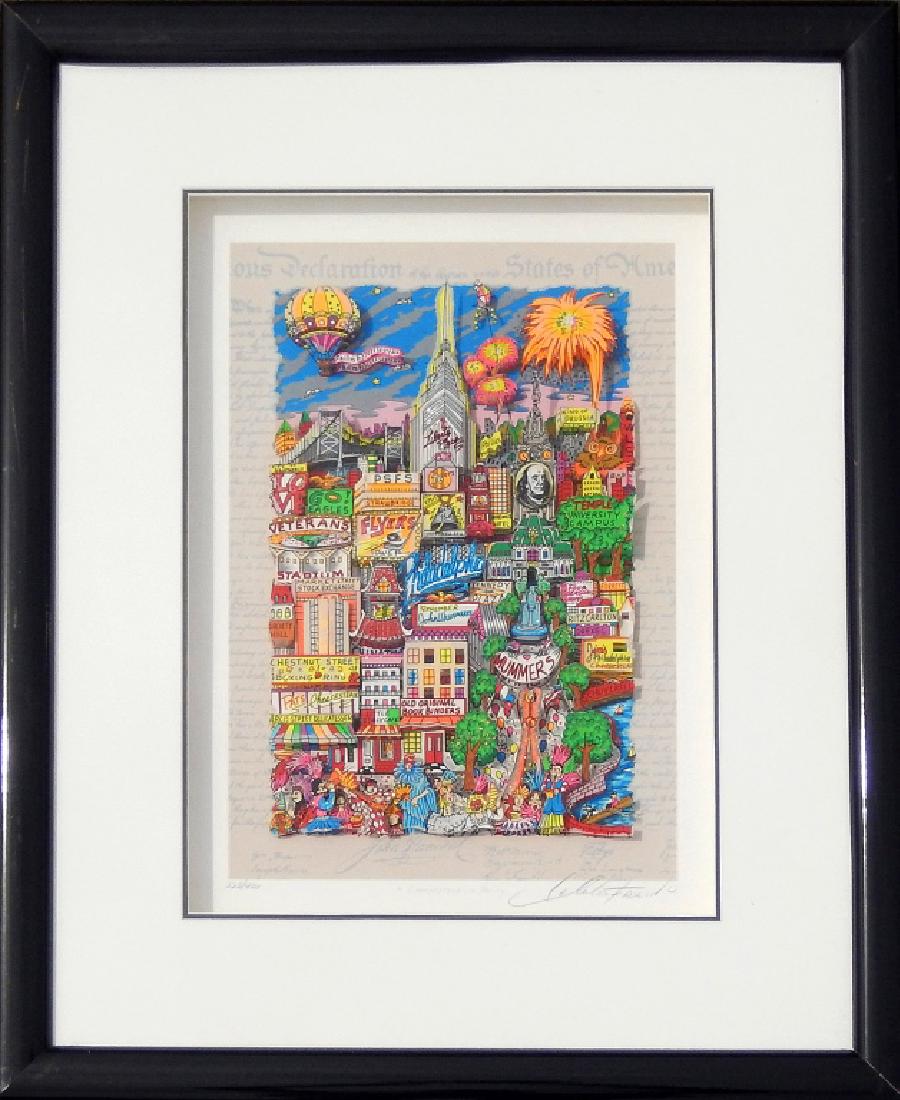 Charles Fazzino 3-D lithograph on paper: Charles Fazzino 3-D lithograph on paper "A Cheesesteak in Philly", signed lower right, numbered 228/400, sight size 17 1/2" x 13", frame size 27" x 22"