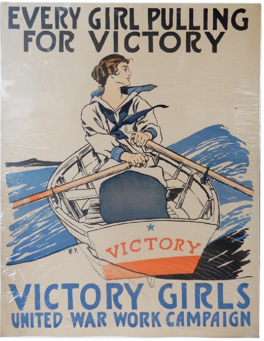 E. (Edward) P. (Penfield) WW1 lithographic poster: E. (Edward) P. (Penfield) WW1 lithographic poster, "Every Girl Pulling For Victory", signed lower left, 27 1/2" x 22 1/4"