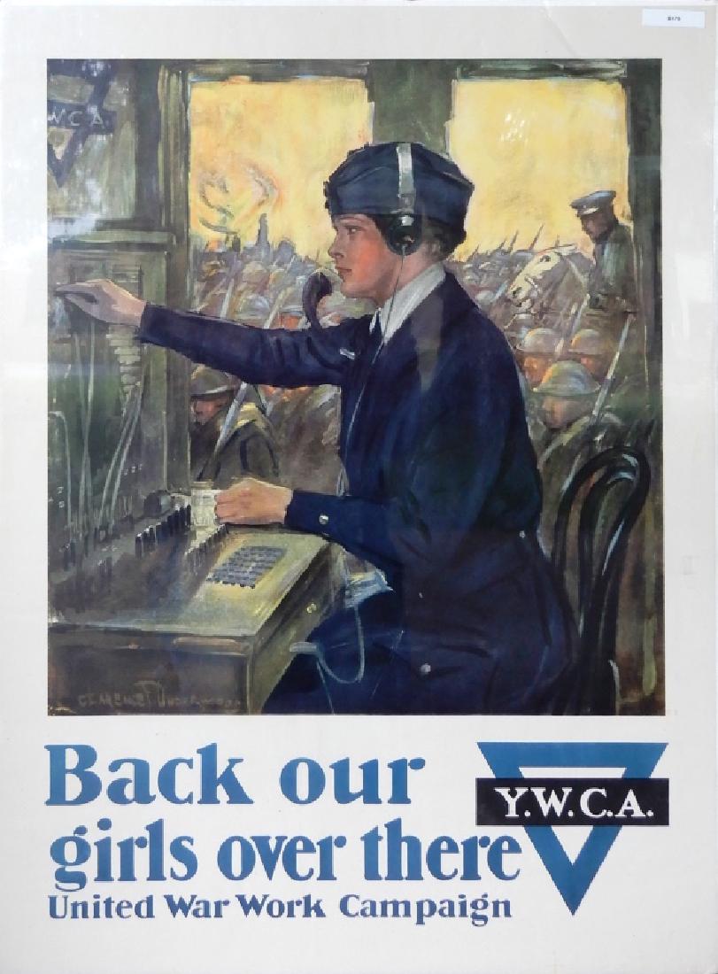 C. Clarence F. Underwood WW1 lithographic poster: C. (Clarence) F. Underwood WW1 lithographic poster, "Back our girls over there Y.W.C.A", signed lower left, 2 1/4" x 21 1/4"