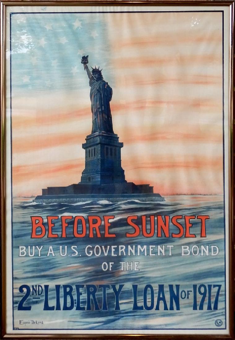 Eugenie DeLand WW1 lithographic poster on paper: Eugenie DeLand WW1 lithographic poster on paper, "Before Sunset", Sackett & Wilhelms Corporation, New York, signed lower left, sight size 29 1/4" x 19 1/4", frame size 30 1/2" x 20 1/2"
