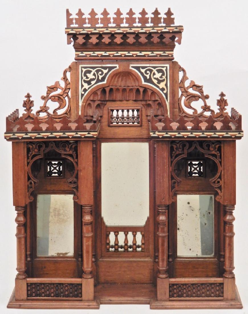 Walnut inlaid what-not shelf in the style of a Moorish: Walnut inlaid what-not shelf in the style of a Moorish portico, mother of pearl and bone inlay, 20 1/2" high x 16 1/4" x 5 1/2"