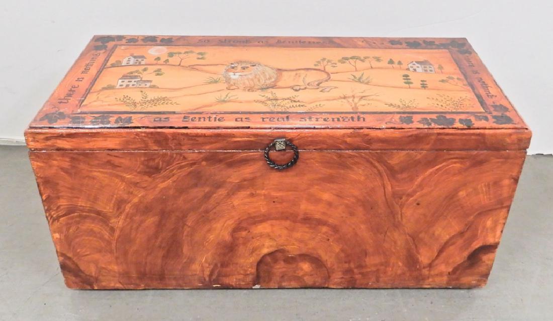 Paint decorated blanket chest: Paint decorated blanket chest in the style of Edward Hicks, hinged lid, on casters, 17 1/2" high x 37" x 18"