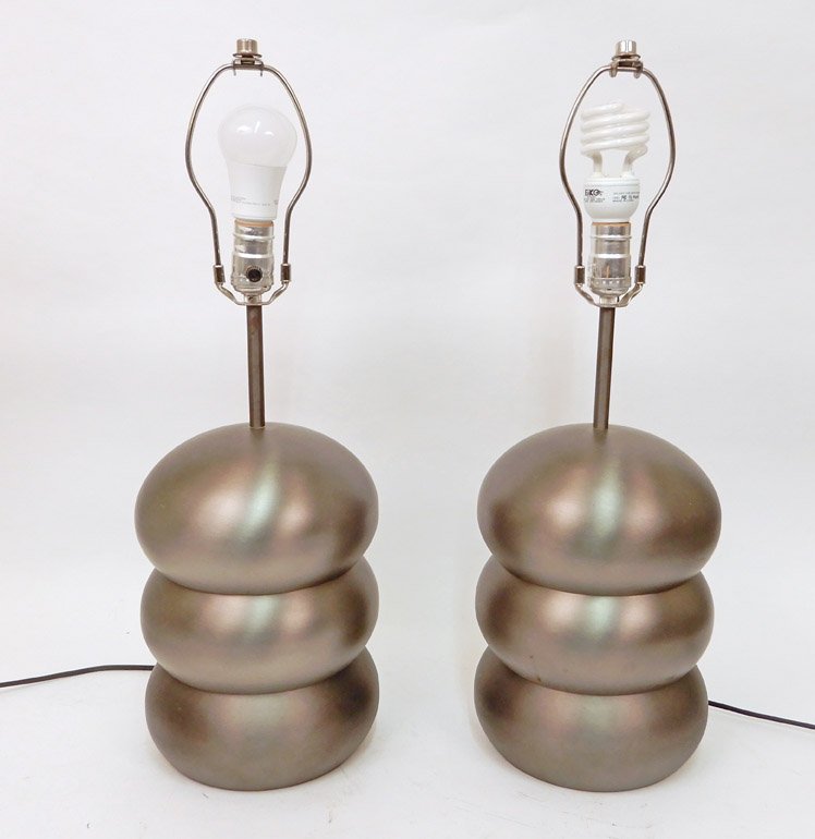 Pair of George Kovacs steel stacked lamps: Pair of George Kovacs steel stacked lamps with original shades, 24" high