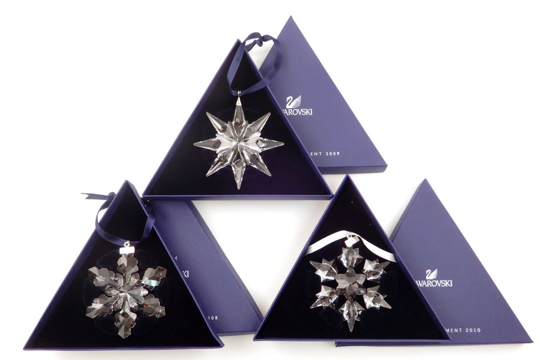 Three Swarovski Christmas ornaments in original boxes,: Three Swarovski Christmas ornaments in original boxes, Years 2008, 2009, and 2010, years 2009 and 2010 have the original outer box and certificate, 5 5/8" x 6 1/2" x 1 1/8"