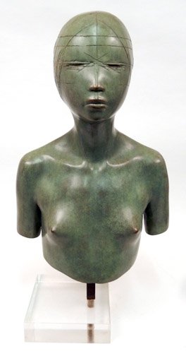Continental School bronze bust: Continental School bronze bust, artist's cipher RB on back of head, with foundry mark 5-9 K-C, purchased at Christies East 1996 Sale #7913, 24" high on 2" lucite base, weighs 40 lbs