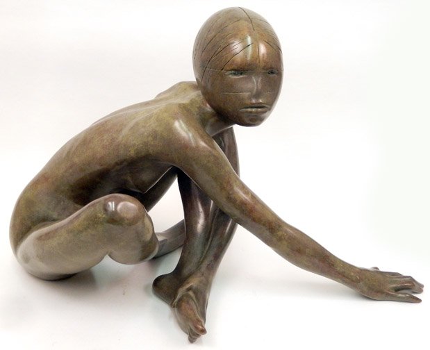Continental School bronze seated figure: Continental School bronze seated figure, with foundry mark 3-7 K-C, artist's cipher RB on back of head, purchased at Christies East 1996 Sale #7913, 16" x 14" x 27", weighs 59 lbs