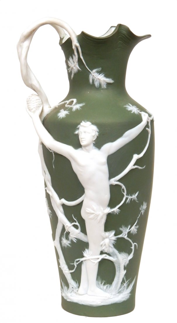 Volkstedt Germany jasperware pitcher: Volkstedt Germany jasperware pitcher, high relief of a nude male, impressed number on bottom 7964, hallmarked Germany, 9 3/4" high
