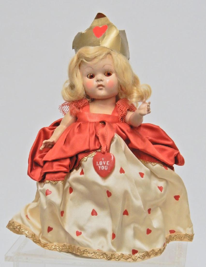 1950 strung Vogue Ginny Queen of Hearts doll: 1950 strung Vogue Ginny Queen of Hearts doll, 8" hard plastic, tagged outfit
