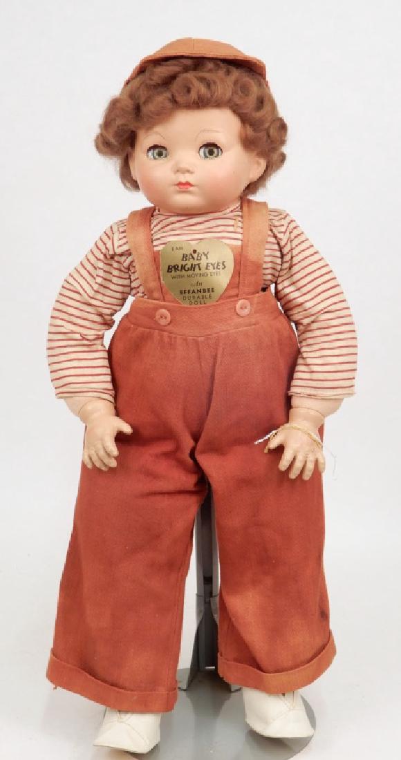 Effanbee Baby Bright Eyes composition doll: Effanbee Baby Bright Eyes composition doll, cloth body, composition hands, with original tag, green sleep eyes, applied upper lashes, painted lower lashes, eyebrows, closed mouth, Brother marked on he