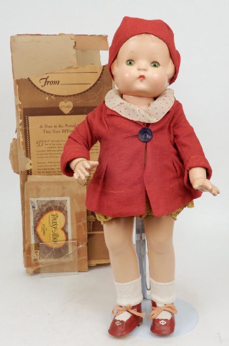 Near mint with box Patsy-Ann doll by Effanbee: Near mint with box Patsy-Ann doll by Effanbee, composition, sleep eyes, applied upper lashes, painted lower lashes, eyebrows, and closed mouth, marked on back "Effanbee, Patsy-Ann, Pat #1283558", doll