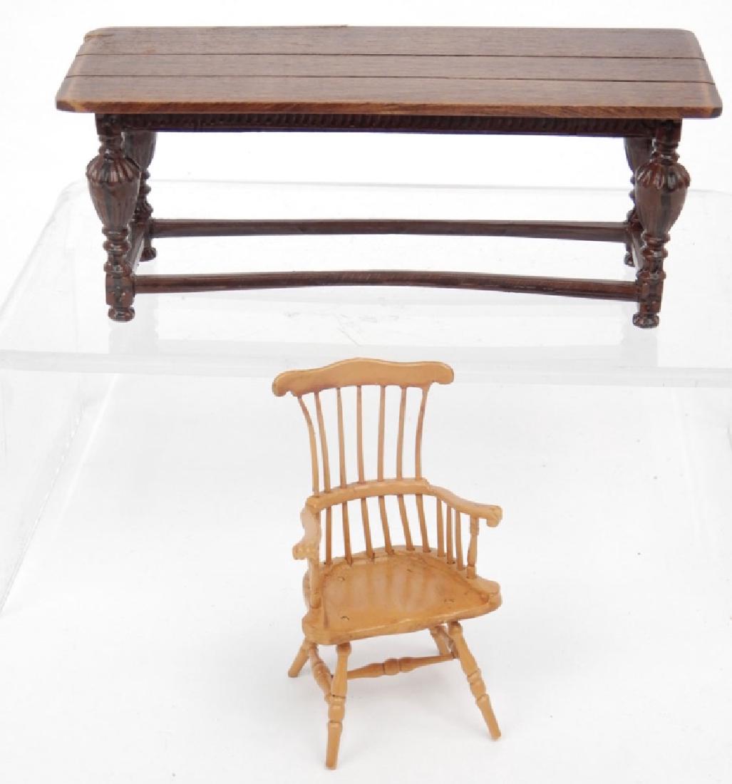 Eugene Kupjack #335 Elizabethan refectory table and: Eugene Kupjack #335 Elizabethan refectory table and comb back Windsor Chair, in mustard finish, with copy of page 14 of Kupjack booklet (pictured), table 2 1/2" x 6 1/2" x 2 1/2", chair 3 1/2" x 2 1/4