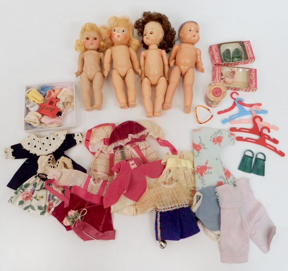 Grouping of Vogue Ginny and Ginger, Effanbee Tinyette,: Grouping of Vogue Ginny and Ginger, Effanbee Tinyette, etc., includes 8" hard plastic Ginny doll, composition Ginger doll, hard plastic Ginny type doll, and an Effanbee Tinyette composition doll, with