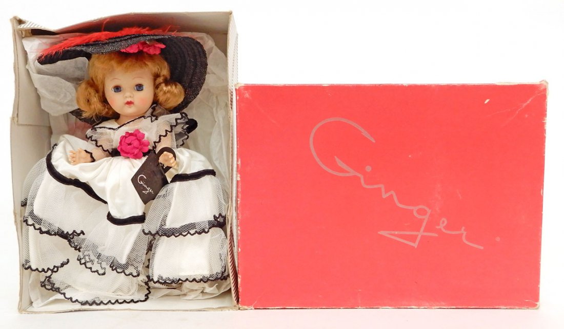 1950's Cosmopolitan Ginger doll mint in box: 1950's Cosmopolitan Ginger doll mint in box, 8" hard plastic, wearing Gay Nineties outfit, with hat and purse, box measures 8 1/4" x 6 1/8" x 2 7/8"