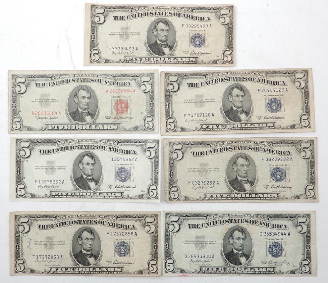Six 1953 $5.00 silver certificates and one 1963 $5.00 (1 of 2)