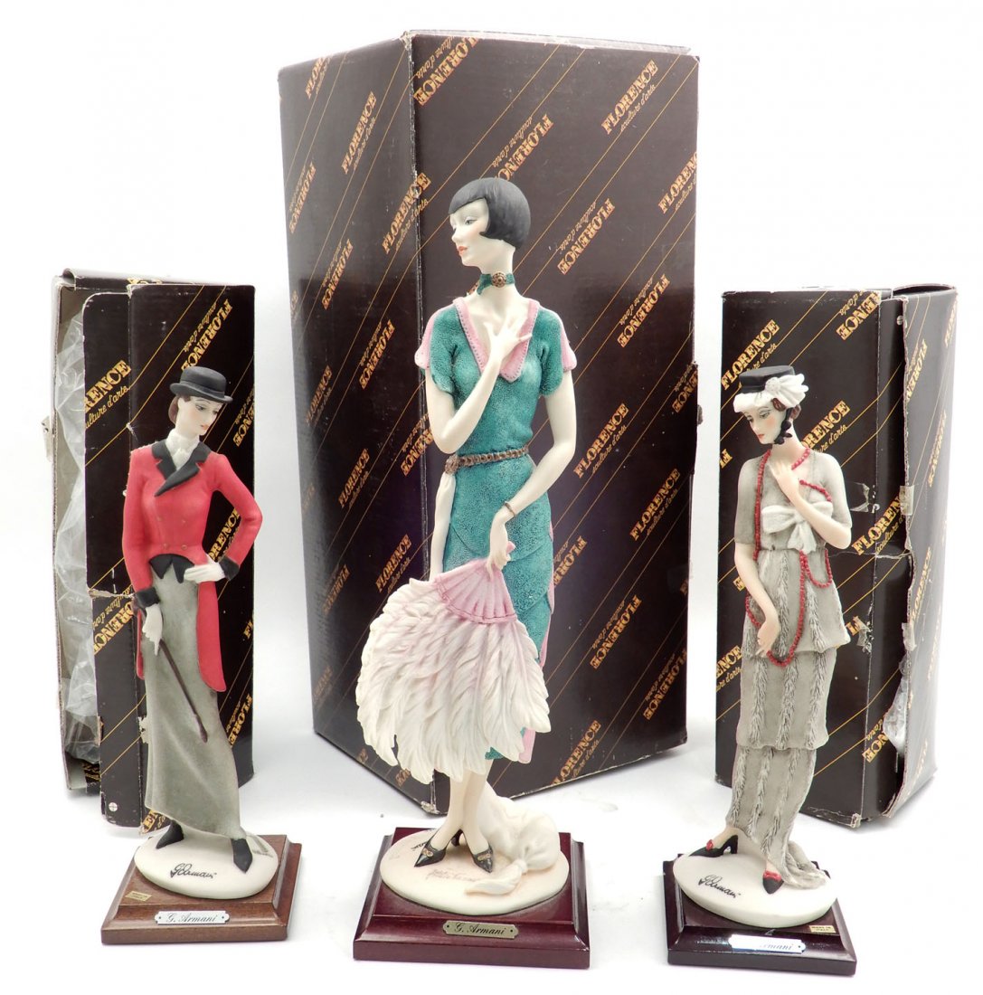 Three Armani figurines from My Fair Ladies Collection: Three Armani figurines from My Fair Ladies Collection, Giuseppe Armani, each in box with tags, includes Lady with Fan, No. 395C, artist signed, styrofoam insert, 13 3/8" high, box measures 16 1/4" x 7