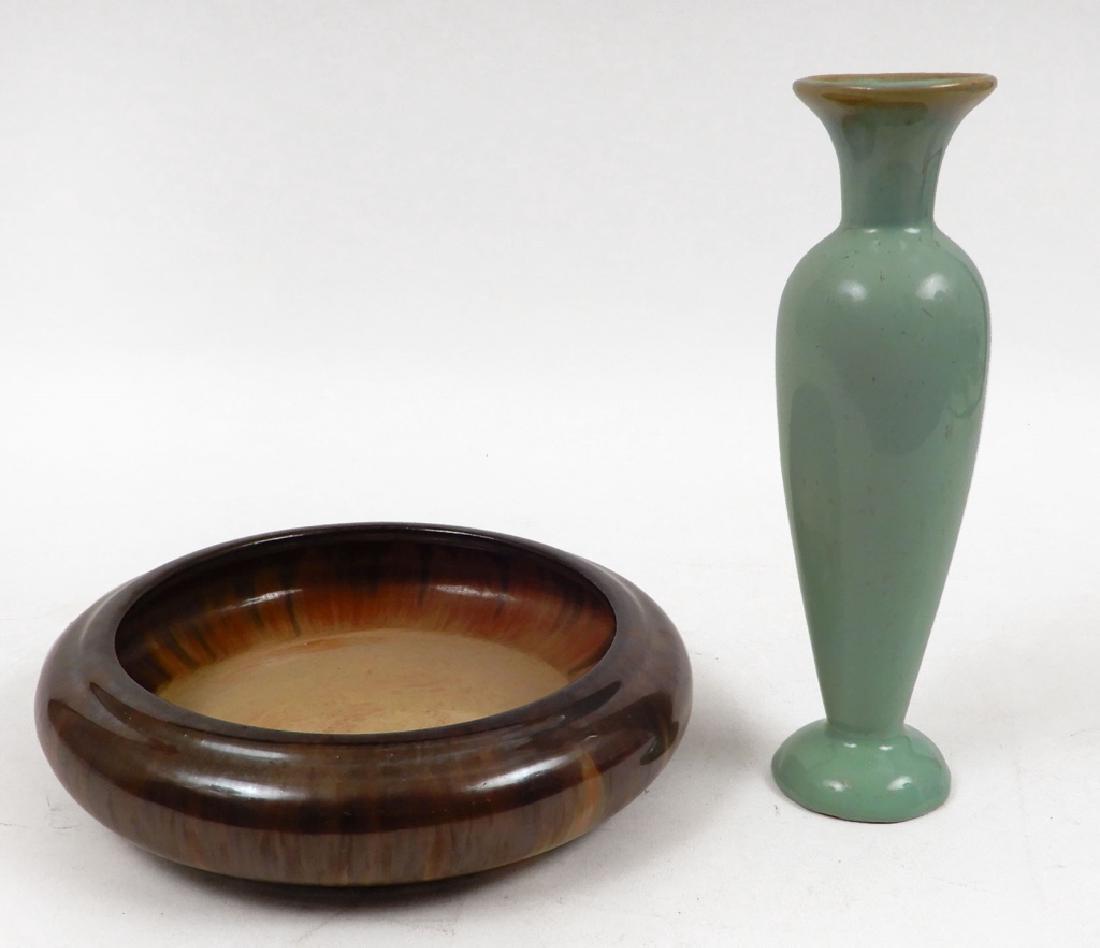 Fulper art pottery bowl and vase: Fulper art pottery bowl and vase, shallow bowl, impressed mark Fulper on bottom, 2 1/2" x 8 3/4", and a green vase, marked Fulper on bottom, 9" high, both glaze finish