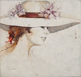 (Anthony) (Michael) Autorino oil on canvas: (Anthony) (Michael) Autorino oil on canvas, young woman in hat, signed on right, sight size 40" x 40", frame size 40 1/4" x 40 1/4"