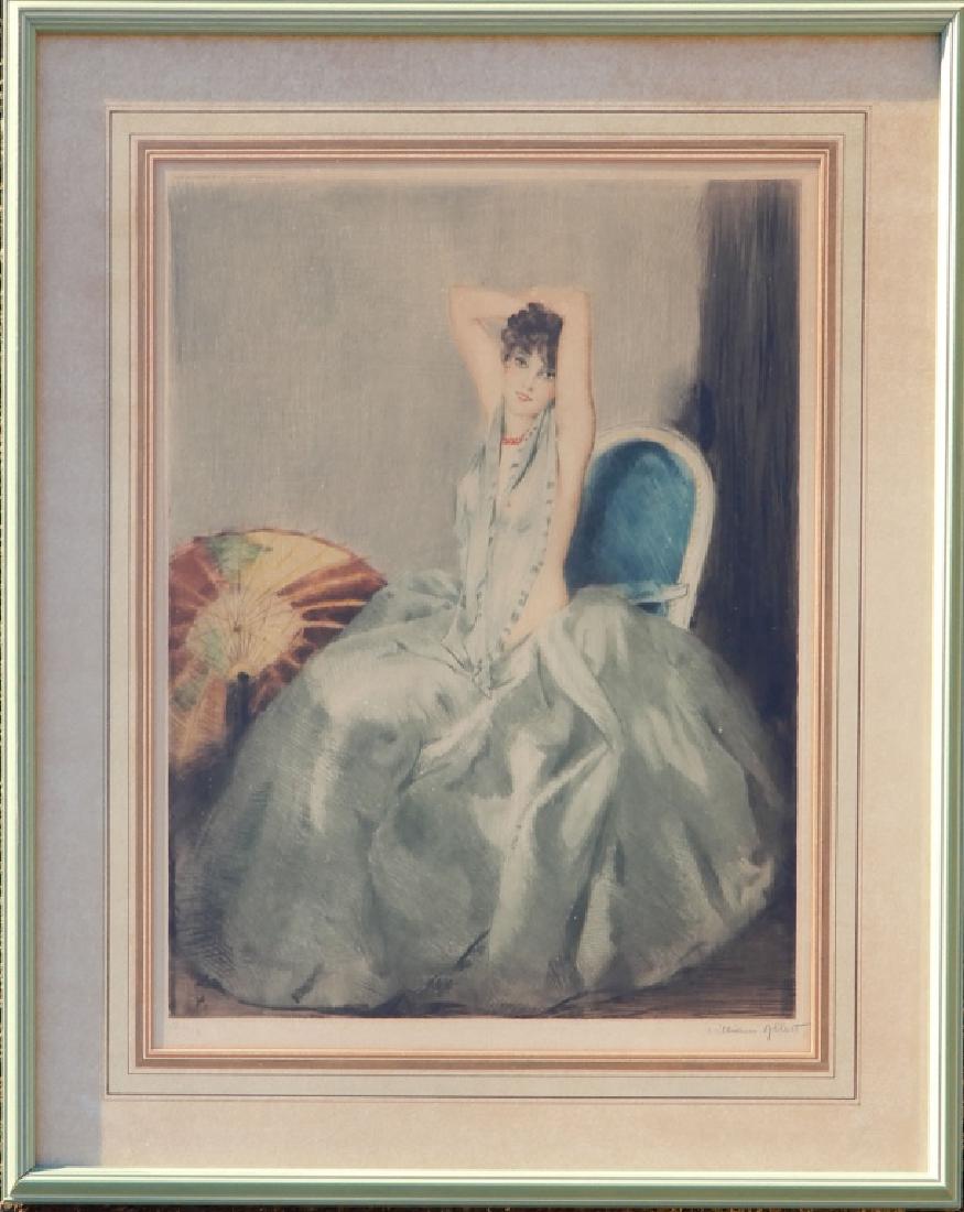 William Ablett aquatint and drypoint etching on paper: William Ablett aquatint and drypoint etching on paper, seated female in ball gown with arms raised, signed lower right in margin, numbered 39 lower left in margin, sight size 20 1/4" x 16", frame size