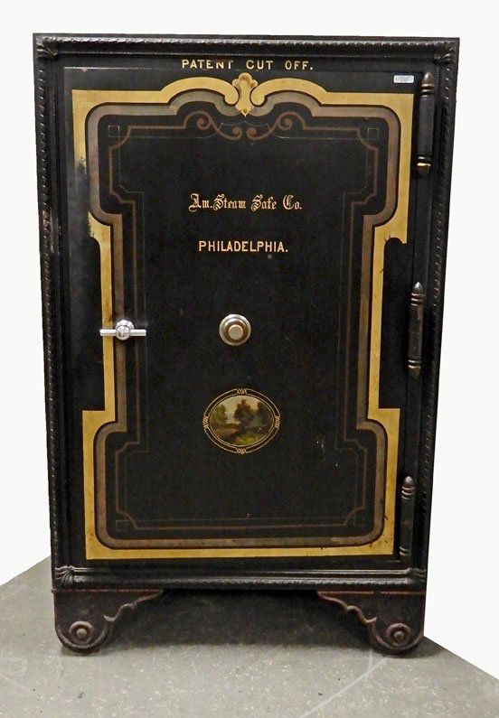 American Steam Safe Co. combination safe: American Steam Safe Co. combination safe, hand painted lettering and landscape cartouche, interior paneled mahogany door, pigeon holes and interior carpet, lined compartments and drawers, with large l