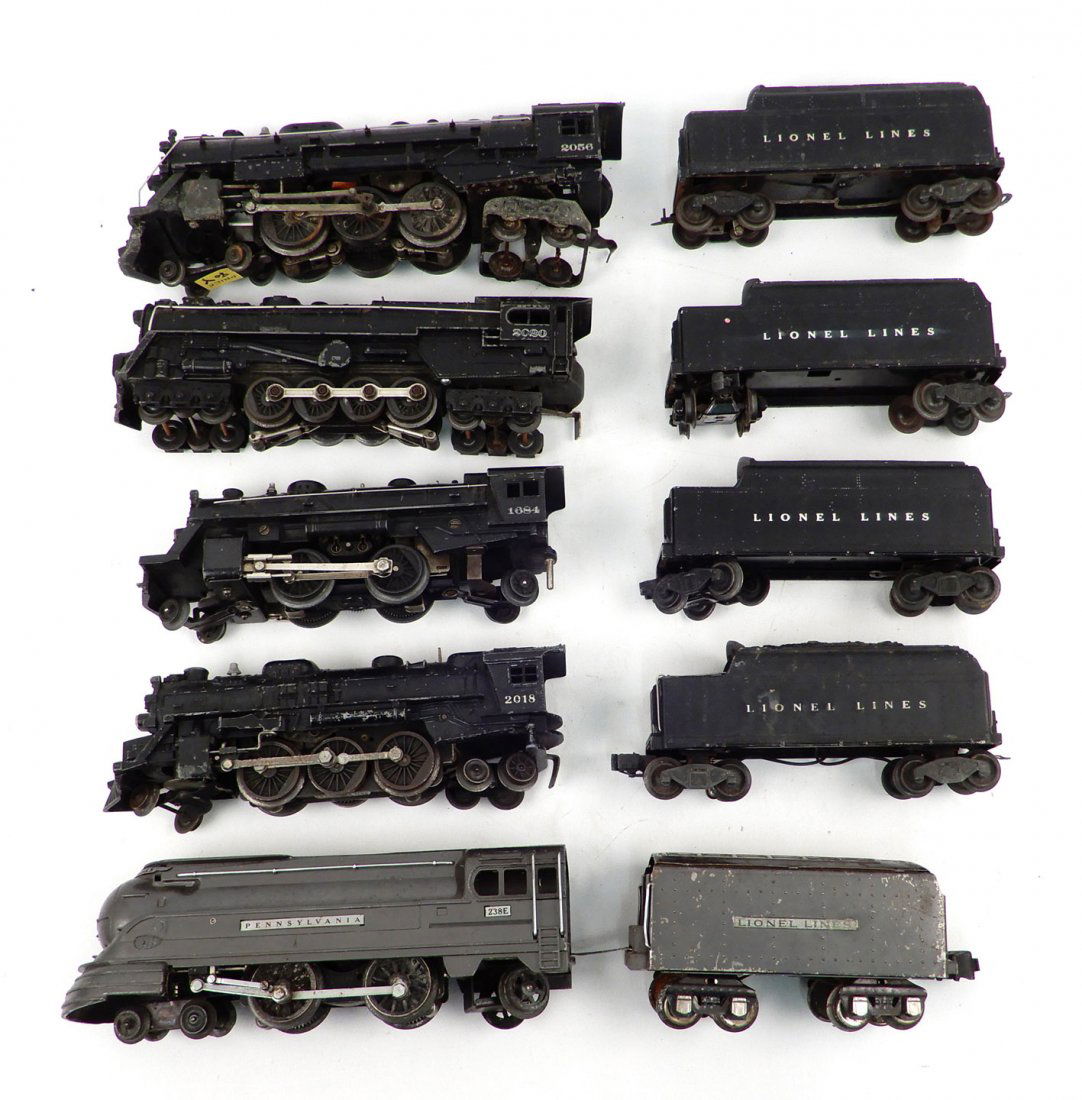 Lionel O gauge steam locomotives and tenders: Lionel O gauge steam locomotives and tenders, includes No. 238e Pennsylvania locomotive and tender, and steam locomotive Nos. 1684, 2018, 2020, and 2056, four tenders