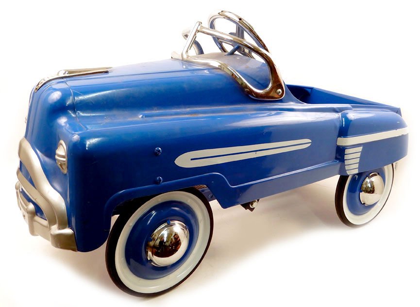 Pedal Car, pressed steel, blue body with white trim,: Pedal Car, pressed steel, blue body with white trim, white wall tires with chrome hub caps, 22" x 15" x 34"