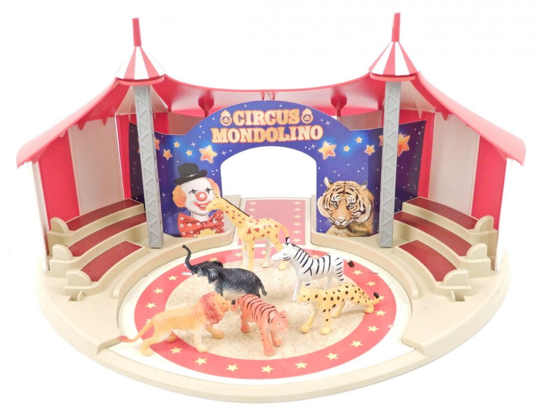 Circus Mondolino set, by Marklin, includes the tent: Circus Mondolino set, by Marklin, includes the tent, two cardboard inserts, six animal figurines, and a box for American Circus truck kit (missing parts of the truck - other pieces still sealed in pac