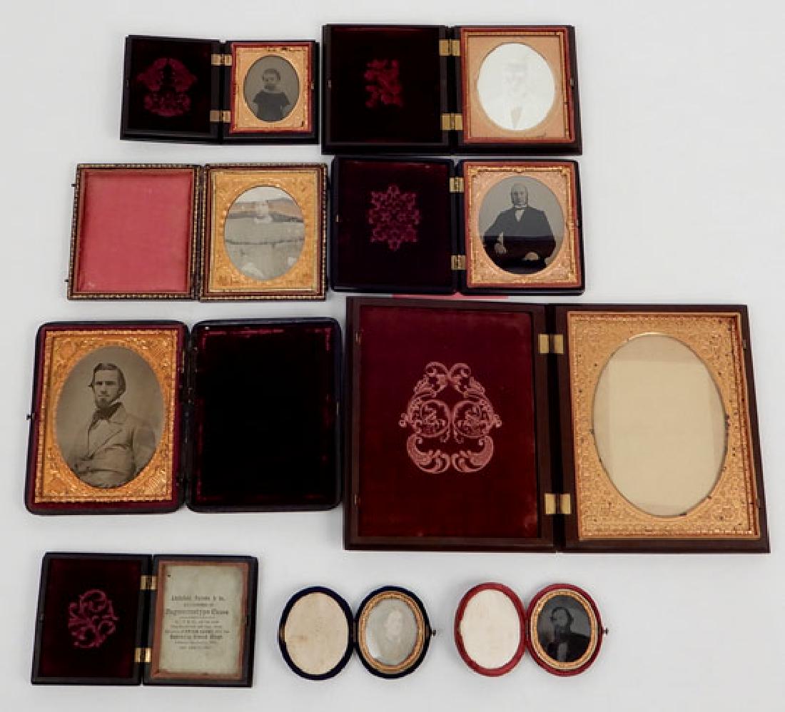 Seven Daguerreotypes and ambrotypes: Seven Daguerreotypes and ambrotypes, and two additional cases, nine altogether, includes ambrotype of a gentleman in a leather case, sight size 3 1/2" x 2 5/8", case size, 4 3/4" x 3 3/4", and an ambr