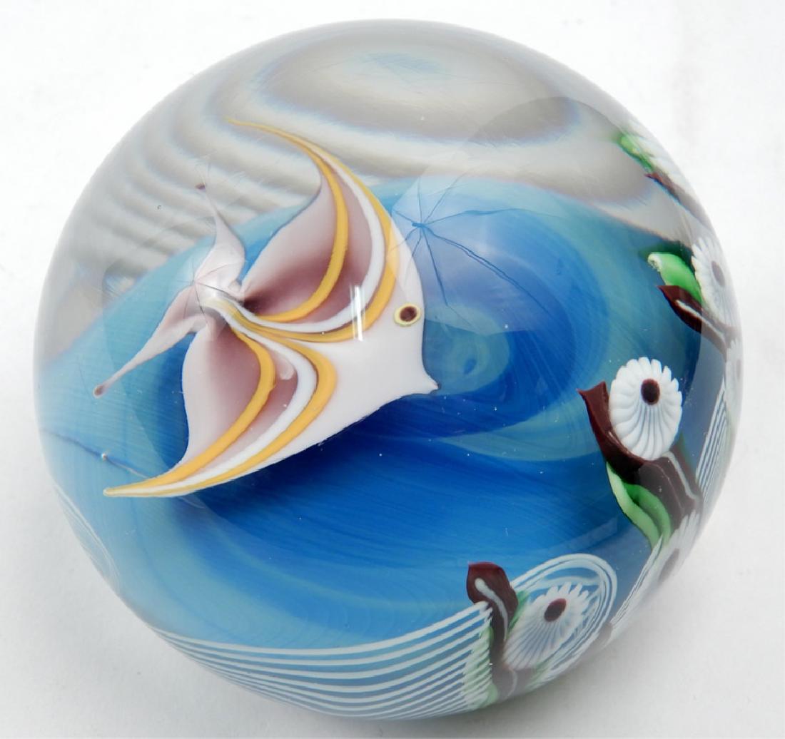 Orient & Flume art glass paperweight: Orient & Flume art glass paperweight, angel fish swimming amongst sea of flowers and waves, signed and dated Orient & Flume CI4N 1978, and faded paper label (loose from paperweight), measures approxim