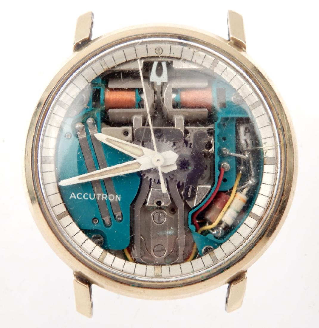 Bulova Accutron Spaceview wristwatch: Bulova Accutron Spaceview Wristwatch, gold filled bezel, 1 3/8" wide, stamped Bulova Waterproof #B39584-M4, ca. 1960