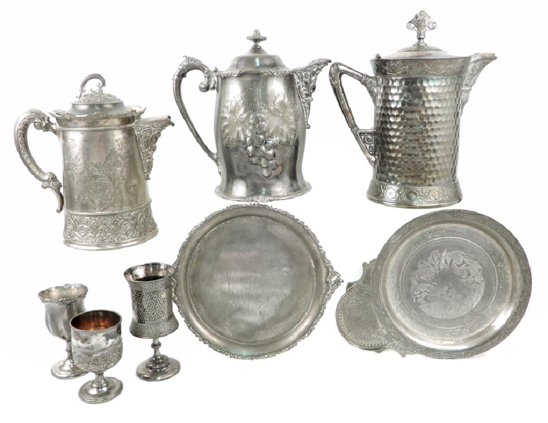 Grouping of Victorian silver plated pieces: Grouping of Victorian silver plated pieces, eight total, includes Meriden Silver Plate Co. cold water pitcher, porcelain lined, hand hammered design, 484. measures 12 1/4" x 11", Meriden B. Company cu