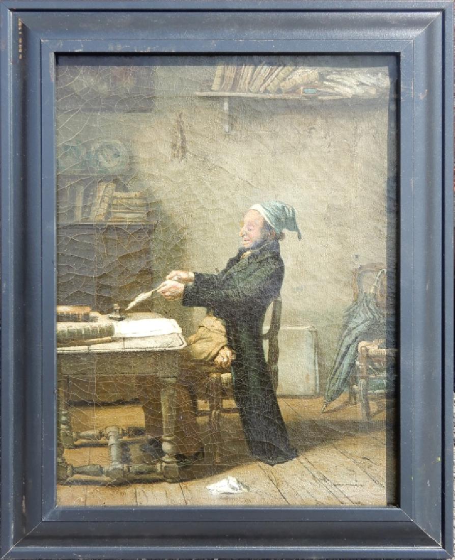 British School oil on canvas: British School oil on canvas, man sharpening a quill pen, signed lower right (unreadable), sight size 16" x 12 1/2", frame size 19 1/2" x 15 1/2"