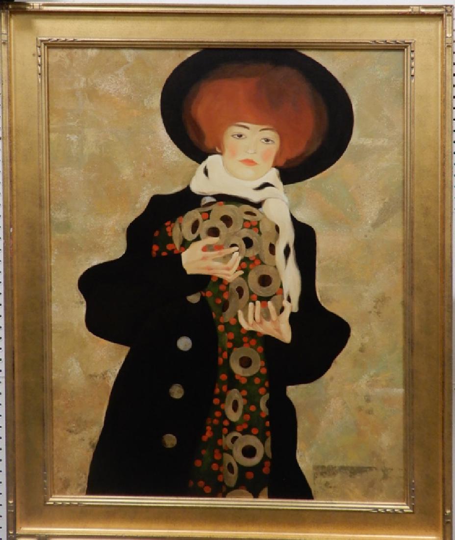 After Egon Schiele oil on canvas: After Egon Schiele oil on canvas, portrait of Gertrude Schiele sister of Egan, "Frau mit Schwarzon Hut", signed Katrina Litvinova and titled on verso, label adhered on verso, sight size 40" x 30", fra