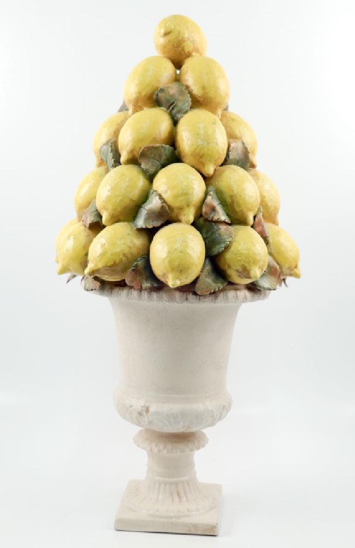 Italian faience mounded lemons centerpiece: Italian faience mounded lemons centerpiece, 24" high