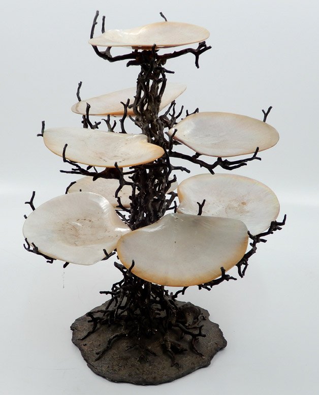 Bronze and clam shell epergne, eight shells, branch and: Bronze and clam shell epergne, eight shells, branch and shell motif, 17" x 13 1/4"