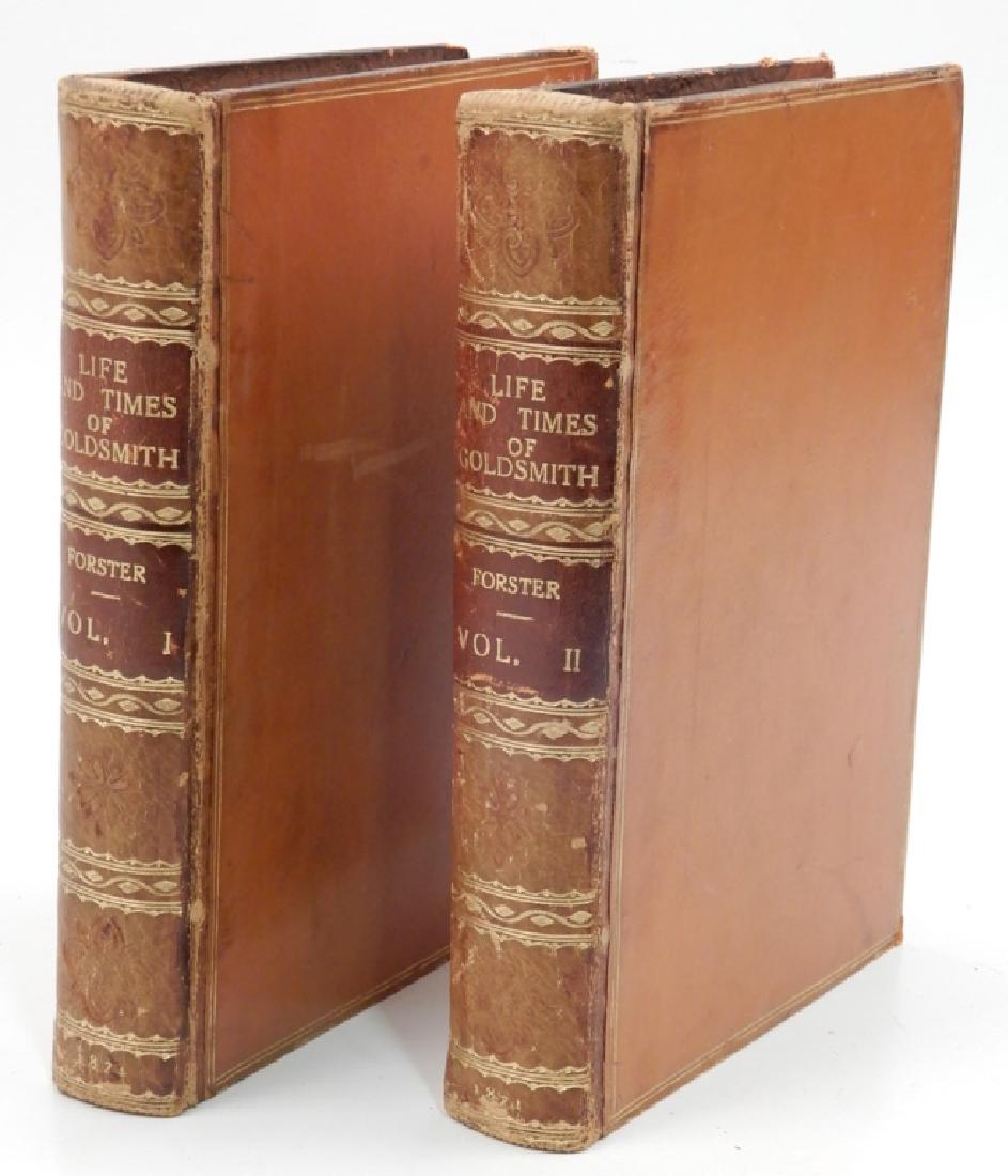 The Life and Times of Oliver Goldsmith two vol. set: The Life and Times of Oliver Goldsmith two volume set by John Forster, Chapman and Hall, London, 1871, illustrated, full leather bound with gold trim and titles, volume one written on title page "Mari